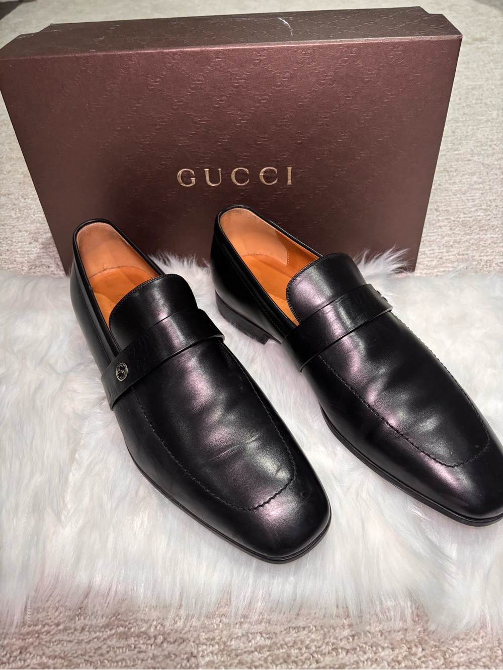 Gucci Black Leather Penny Loafers with Tan Interior